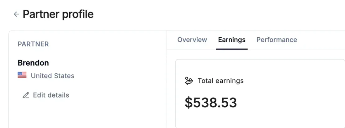 Brendon's affiliate earnings