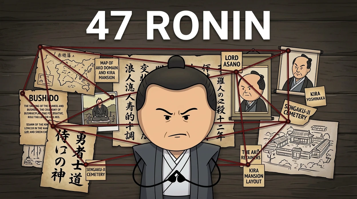 Cartoon YouTube thumbnail reading 47 RONIN, a samurai in front of an evidence board